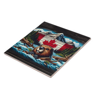 Canadian Beaver With Flag in Mountain Stream Tile