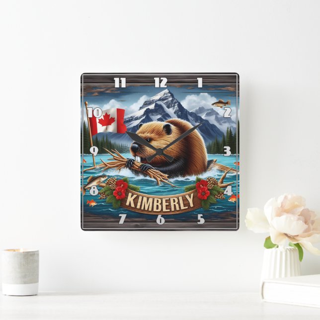 Canadian Beaver With Flag Near Kimberly Square Wall Clock (Home)