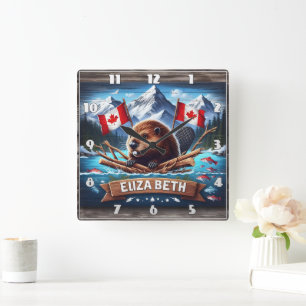 Canadian Beaver With Flags in Mountain Setting Square Wall Clock
