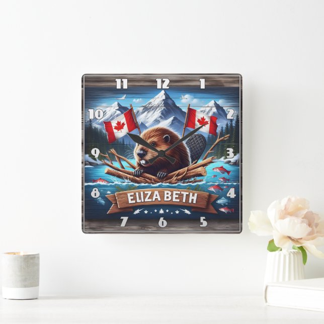 Canadian Beaver With Flags in Mountain Setting Square Wall Clock (Home)