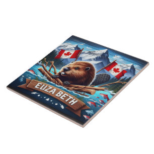 Canadian Beaver With Flags in Mountain Setting Tile