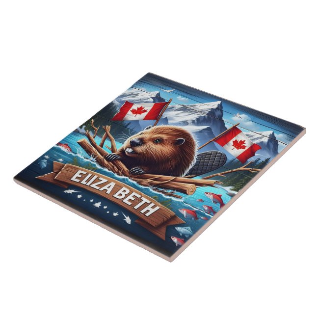 Canadian Beaver With Flags in Mountain Setting Tile (Side)