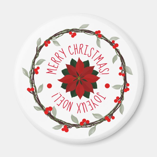 Canadian Bi-Lingual Christmas Poinsettia Wreath Magnet (Front)