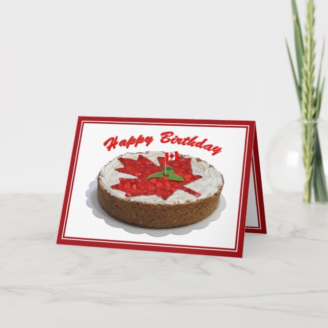 Canadian Cherry Maple Leaf Birthday Cake Card (Front)