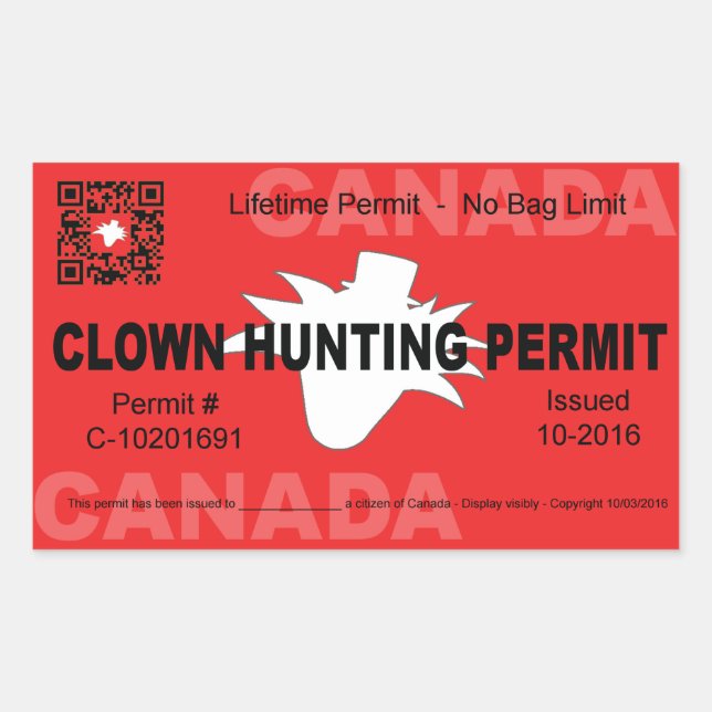 Canadian Clown Hunting Permit (4x) Sticker (Front)