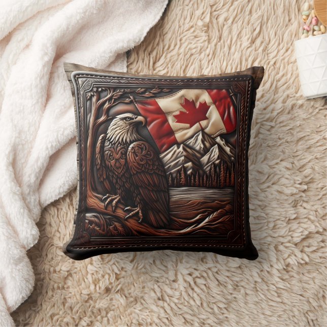 Canadian Eagle Relief Sculpture With Flag Throw Pillow (Blanket)