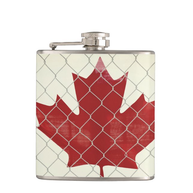 Canadian Flag. Chain Link Fence. Rustic. Cool. Hip Flask (Front)