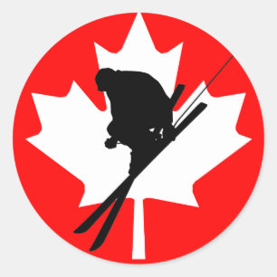 Canadian flag downhill skiing classic round sticker