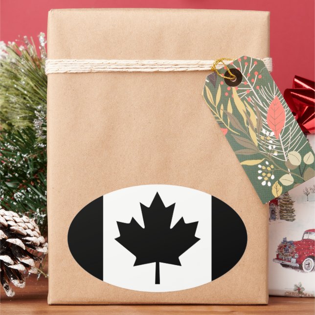 Canadian Flag Graphic in Black Oval Sticker (Holiday)