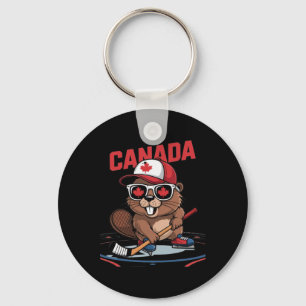 Canadian Flag Maple Leaf Beaver Hockey Stick Sungl Keychain