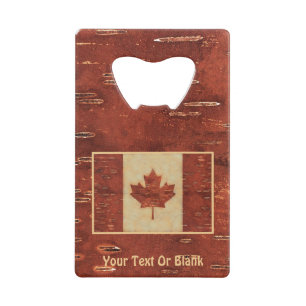 Canadian Flag On Inner Birch Bark Credit Card Bottle Opener