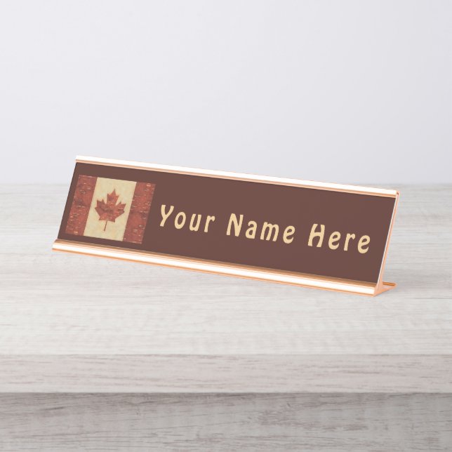Canadian Flag On Inner Birch Bark Desk Name Plate (Front)