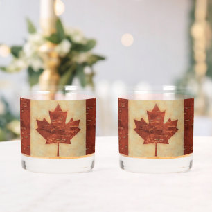 Canadian Flag On Inner Birch Bark Whiskey Glass