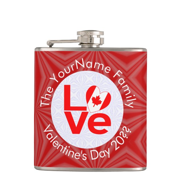 Canadian Flag Red Letters LOVE Personalized  Hip Flask (Front)