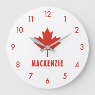 Canadian Flag Red Maple Leaf Canada Day Name Text Large Clock