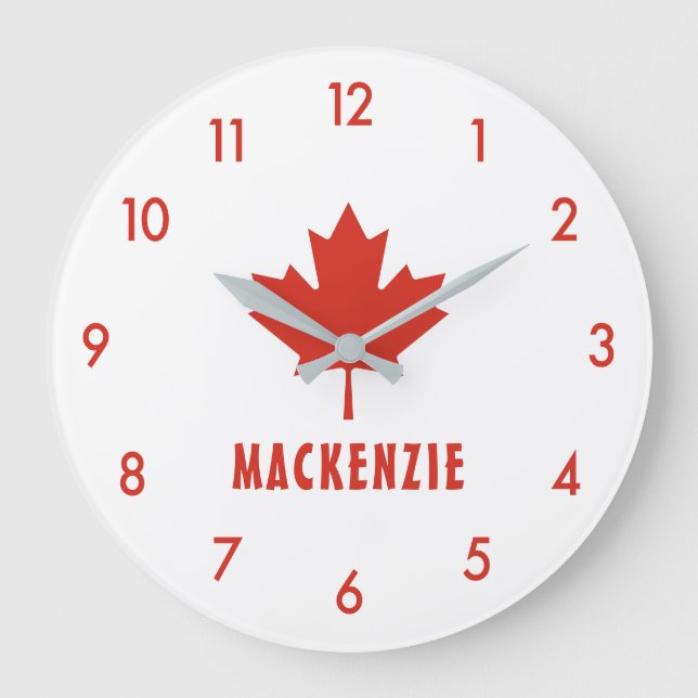 Canadian Flag Red Maple Leaf Canada Day Name Text Large Clock (Front)
