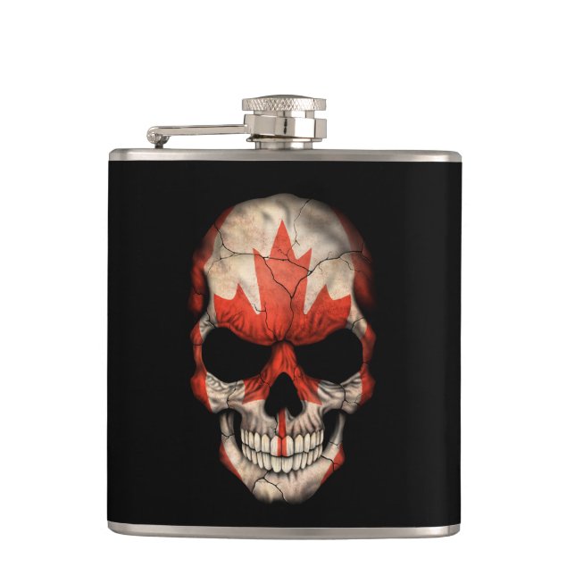 Canadian Flag Skull on Black Hip Flask (Front)