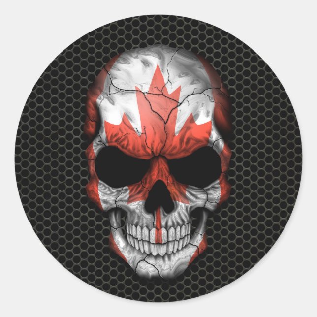 Canadian Flag Skull on Steel Mesh Graphic Classic Round Sticker (Front)