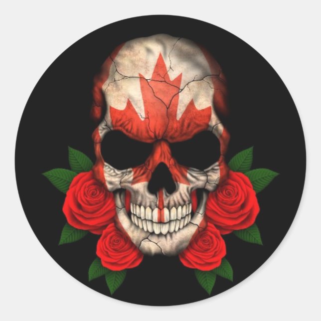 Canadian Flag Skull with Red Roses Classic Round Sticker (Front)