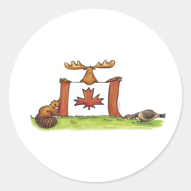 Canadian Flag with moose, beaver and goose Classic Round Sticker (Front)