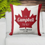 Canadian Maple Leaf Family Name Throw Pillow<br><div class="desc">Modern throw pillow personalized with your family name and your home city and province. Fun Canadian flag theme background printed right onto the fabric.  These wonderful throw pillows make a perfect housewarming or newlywed gift.</div>