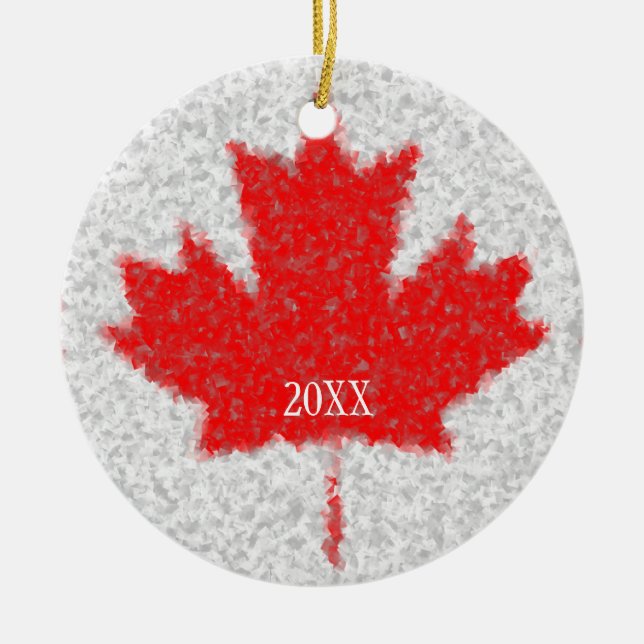 Canadian Maple Leaf Snowstorm Holiday Custom Date Ceramic Ornament (Front)