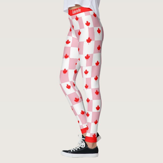 Canadian Maple on Chequered Pink Pastel Leggings (Left)