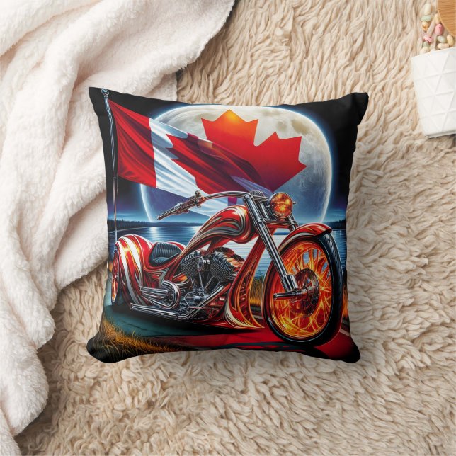 Canadian motorcycle with flag in moonlit landscape throw pillow (Blanket)