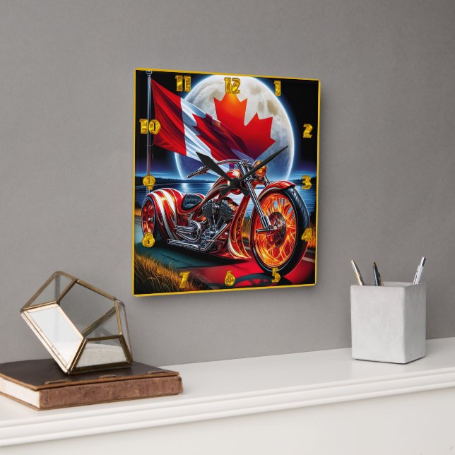 Canadian motorcycle with flag under a full moon square wall clock (Office)