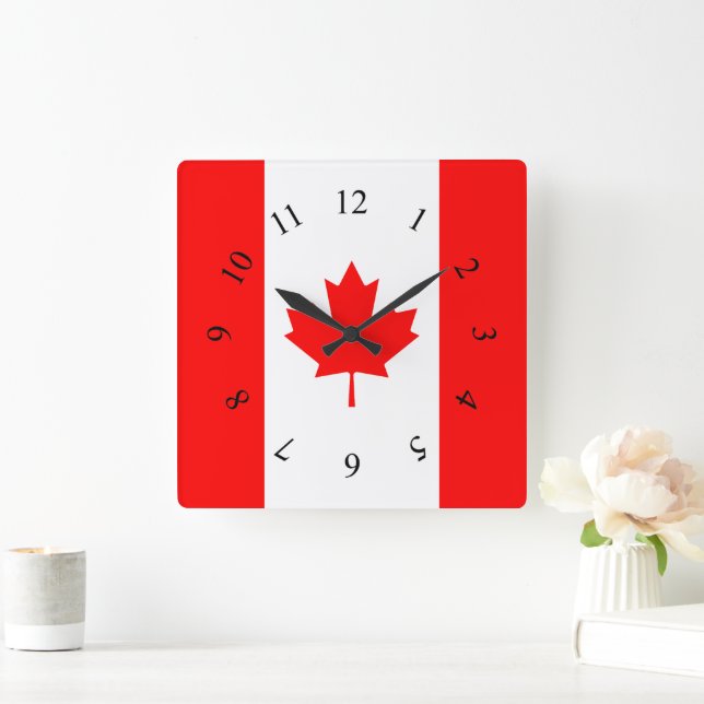 Canadian Red and White Maple Leaf Canada Square Wall Clock (Home)