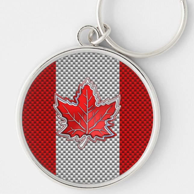 Canadian Red Maple Leaf Carbon Fibre retro style Keychain (Front)