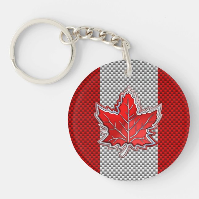 Canadian Red Maple Leaf Carbon Fibre retro style Keychain (Front)