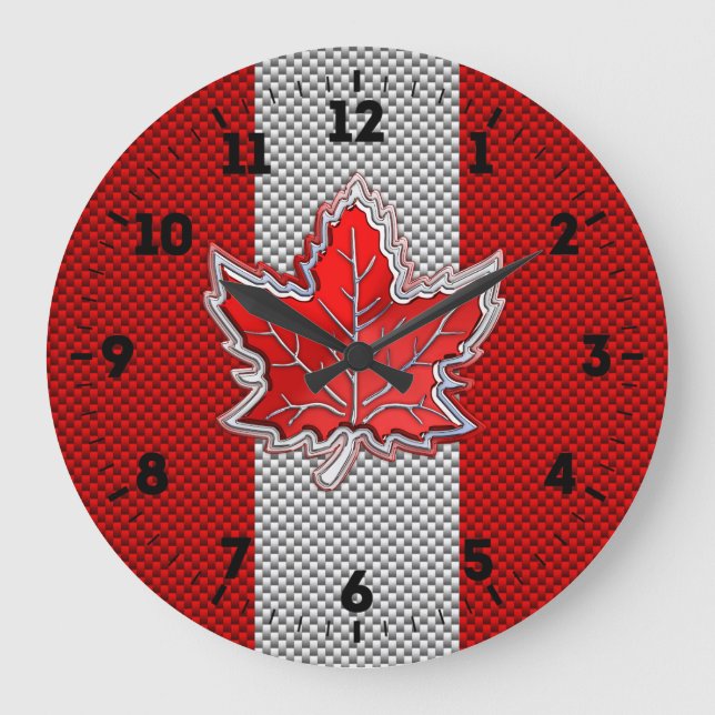 Canadian Red Maple Leaf in Carbon Fibre looks on a Large Clock (Front)