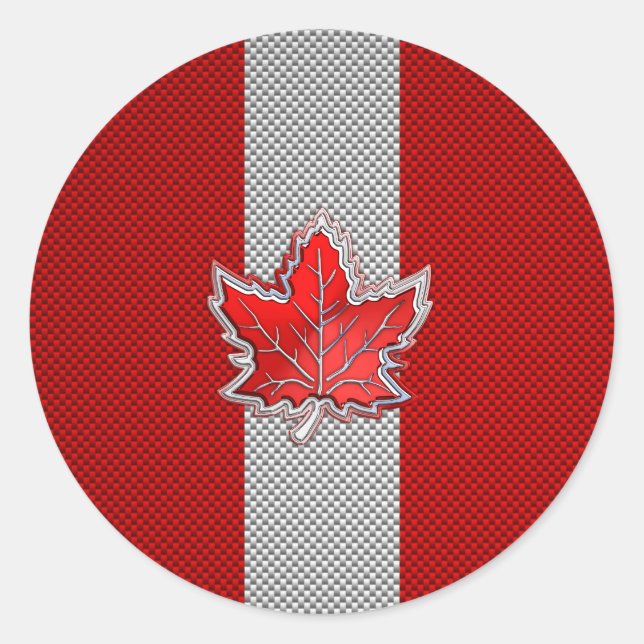 Canadian Red Maple Leaf on Carbon Fiber style Classic Round Sticker (Front)