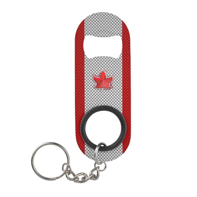 Canadian Red Maple Leaf on Carbon Fibre style Keychain Bottle Opener (Front)