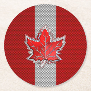 Canadian Red Maple Leaf on Carbon Fibre style Round Paper Coaster