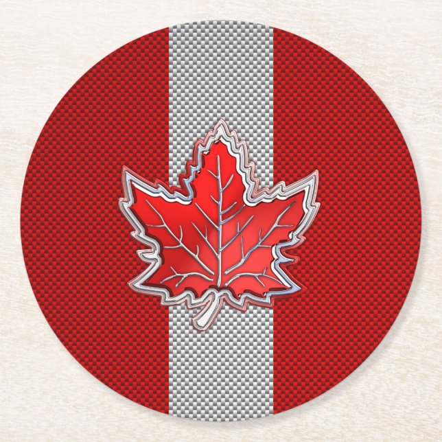 Canadian Red Maple Leaf on Carbon Fibre style Round Paper Coaster (Front)