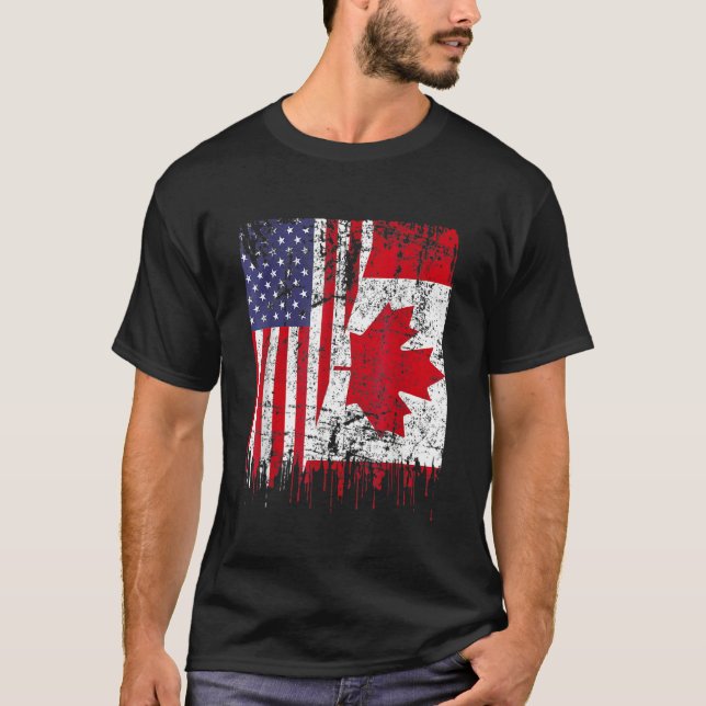 Canadian Roots Half American Flag Canada Day Flag  T-Shirt (Front)