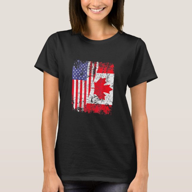 Canadian Roots Half American Flag Canada T-Shirt (Front)