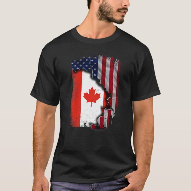 Canadian ROOTS Half American Flag Patrioitc Canada T-Shirt (Front)