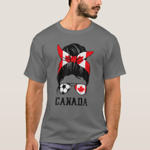 Canadian Soccer Girl Mom Messy Bun Canada Flag Foo T-Shirt
