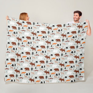 Canadian Wild Animals Pattern Moose Bear Fox Wolf Fleece Blanket