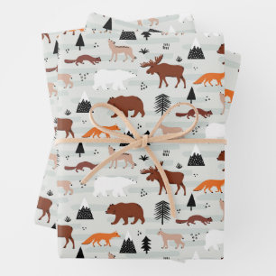 Canadian Wild Animals Pattern Moose Bear Fox Wolf Wrapping Paper Sheet
