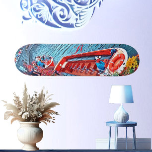 Canal Boat in Still Water Scene Painting Abstract  Skateboard