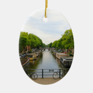 Canal, bridges, bikes, boats, Amsterdam, Holland Ceramic Ornament