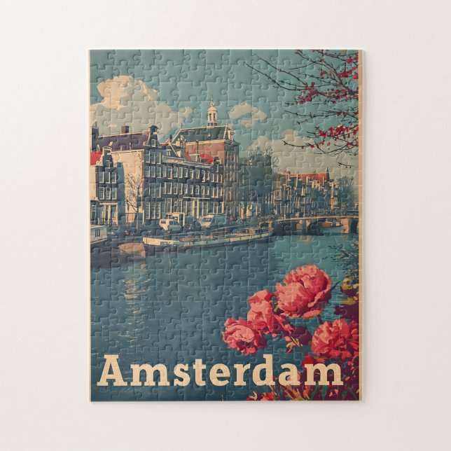 Canal Charm: Vintage Amsterdam Postcard Jigsaw Puzzle (Vertical)
