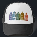Canal House Rainbow Amsterdam Holland Dutch Travel Trucker Hat<br><div class="desc">Show your love for Holland with this sweet whimsical Amsterdam houses pattern art tee. Makes a great birthday gift! You can customize it and add or change the text too. Check my shop for lots more colours and patterns! And more matching items too like totes,  tees,  stickers and mugs.</div>