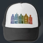 Canal House Rainbow Amsterdam Holland Dutch Travel Trucker Hat<br><div class="desc">Show your love for Holland with this sweet whimsical Amsterdam houses pattern art tee. Makes a great birthday gift! You can customize it and add or change the text too. Check my shop for lots more colours and patterns! And more matching items too like totes,  tees,  stickers and mugs.</div>