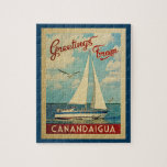 Canandaigua Sailboat Vintage Travel New York Jigsaw Puzzle<br><div class="desc">This Greetings From Canandaigua New York vintage travel nautical design features a boat sailing on the water with seagulls and a blue sky filled with gorgeous puffy white clouds.</div>