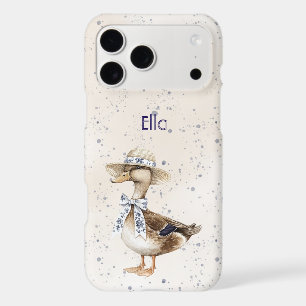 Canard avec chapeau et noeud floral bleu